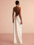 White Satin Halter Backless Long Dress For Women Sleeveless Flowers Embellished Slim Prom Elegant Evening Party Gowns