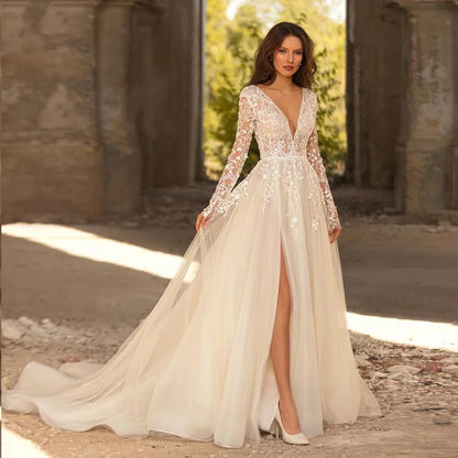 Robe de mariée trapèze romantique pour femmes, tenue de mariée brodée de fleurs, manches longues, fendue