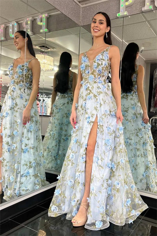 Apliques de encaje de flores en 3D, vestidos de graduación con cuello en V, vestidos de noche elegantes sin mangas con abertura lateral, noche Formal