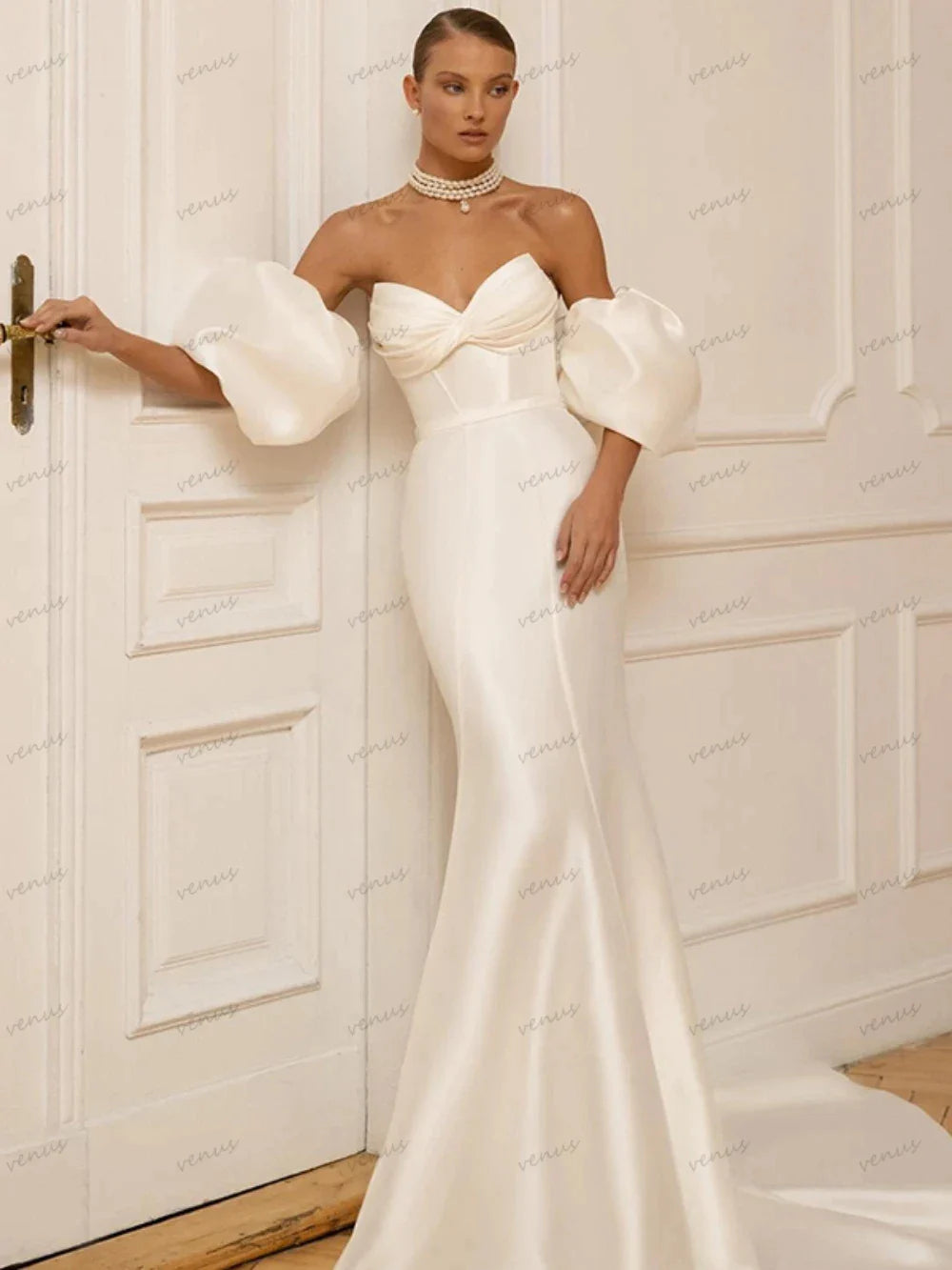 Gaun pengantin sederhana yang elegan satin selubung putri duyung gaun pengantin seksi strapless lengan jubah tanpa lengan vestidos de novia
