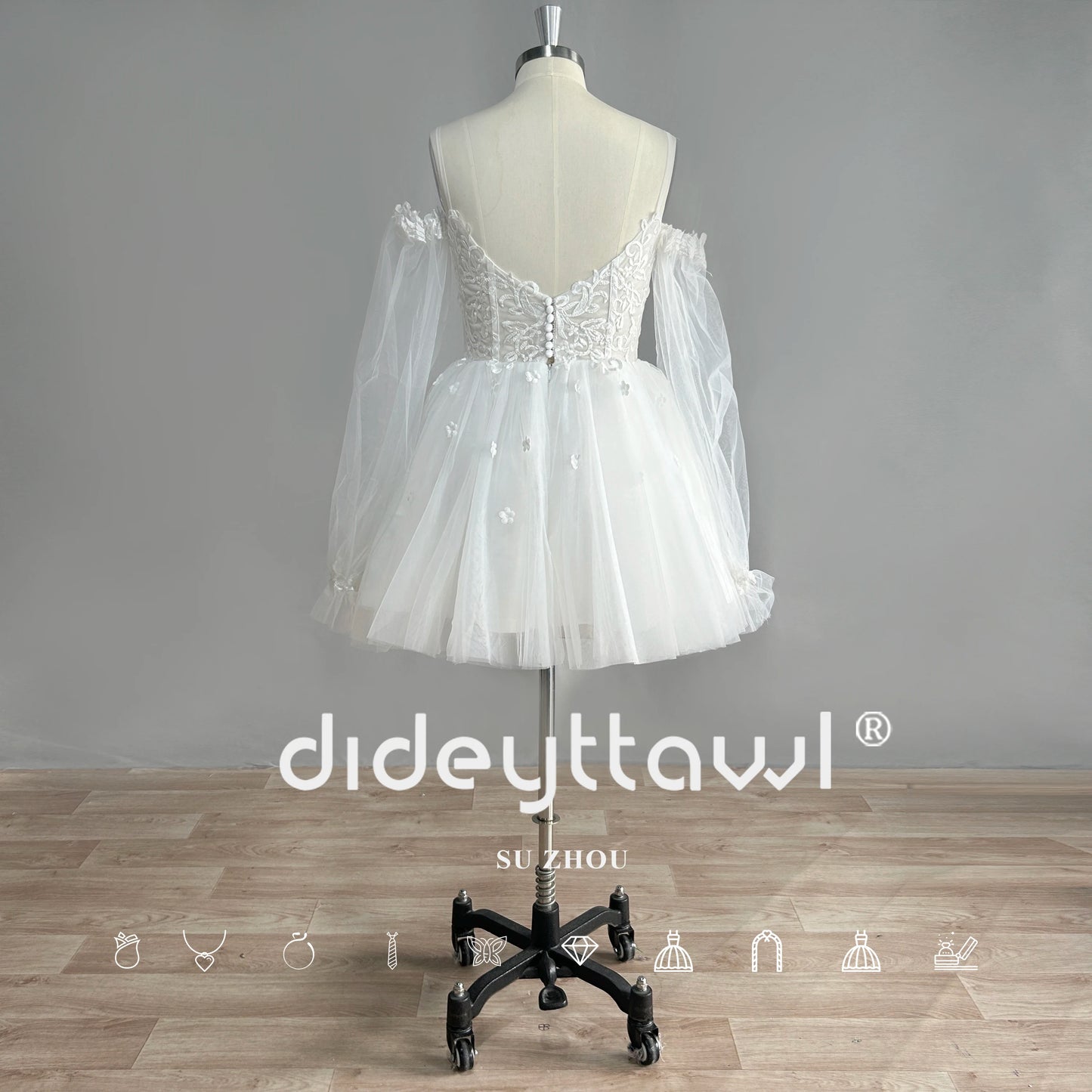 Dideyttawl מתוקה שרוולים ארוכים טול שמלת כלה קצרה אורך מיני מעל שמלת כלה כתף תמונה אמיתית