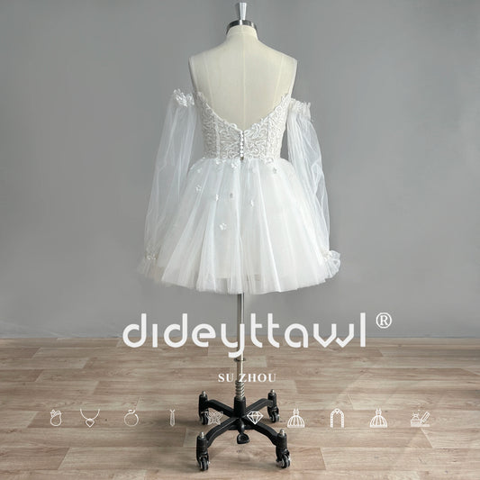 Dideyttawlaw Schatz Langarm Tüll kurze Hochzeitskleid Mini Länge von Schulterbrautkleid echtes Bild