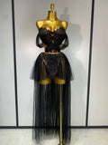 Sexy Cute Mesh Tops Skirt 2 PCS Set Women Celebrate Party Birthday Nightclub Performance Stage Show Outfit black