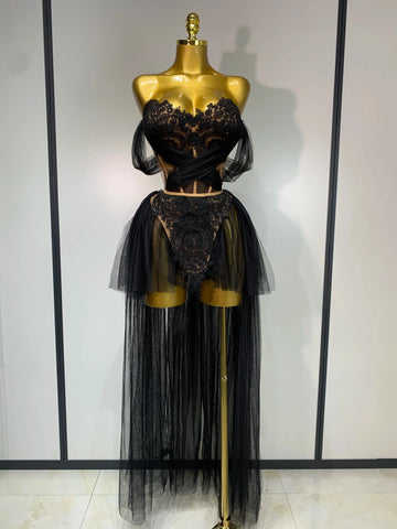 Sexy Cute Mesh Tops Skirt 2 PCS Set Women Celebrate Party Birthday Nightclub Performance Stage Show Outfit black