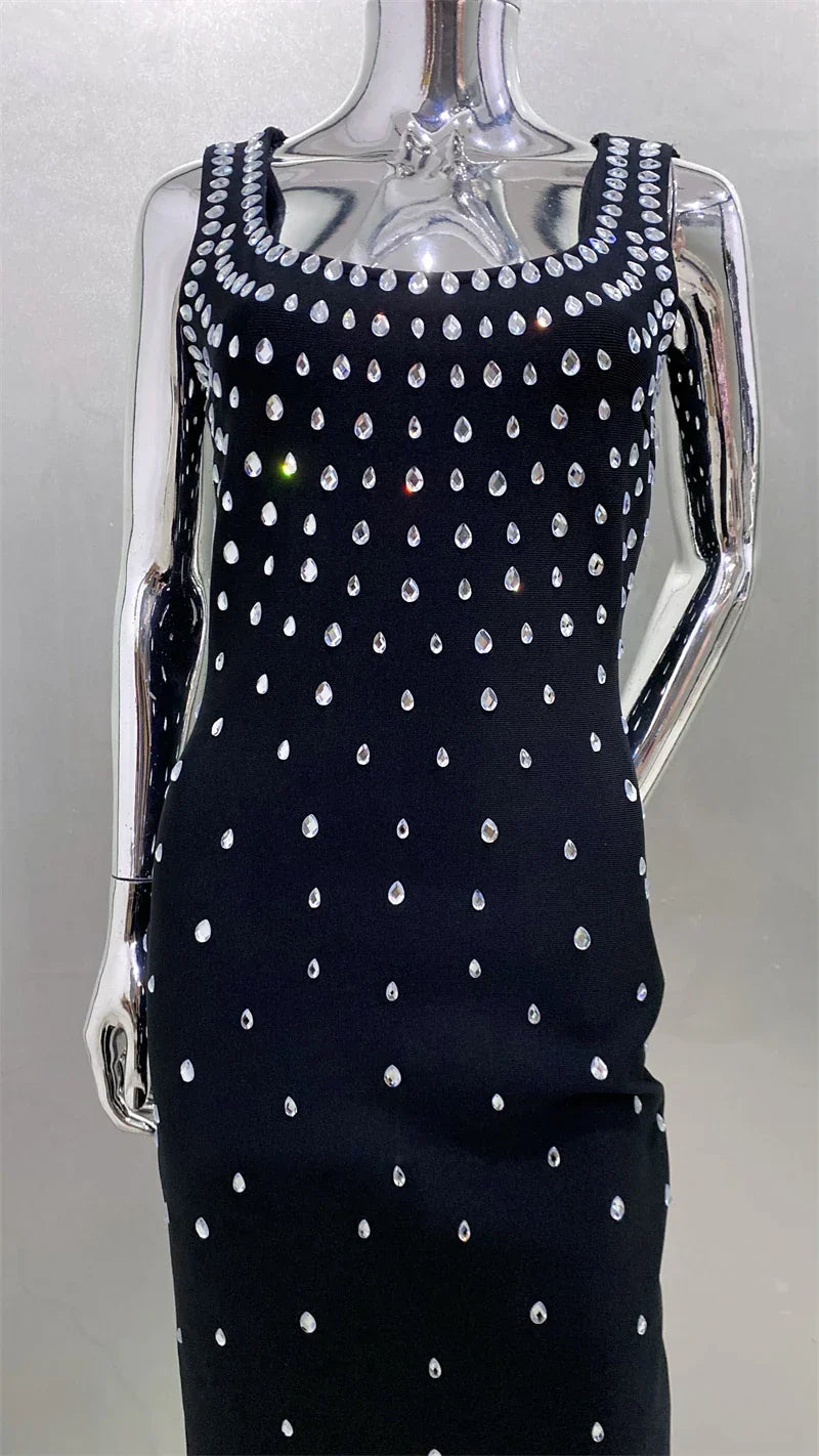 Luxury Diamonds Sexy Square Collar Package Hips Bandage Dress Fashion Woman Evening dress Celebrity Cocktail Party Outfit