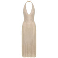 Stylish Halter Open-Back V-Neck Sequins Dress for Fashion Events Party Evening Gown Beige