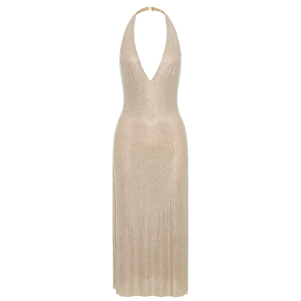Stylish Halter Open-Back V-Neck Sequins Dress for Fashion Events Party Evening Gown Beige