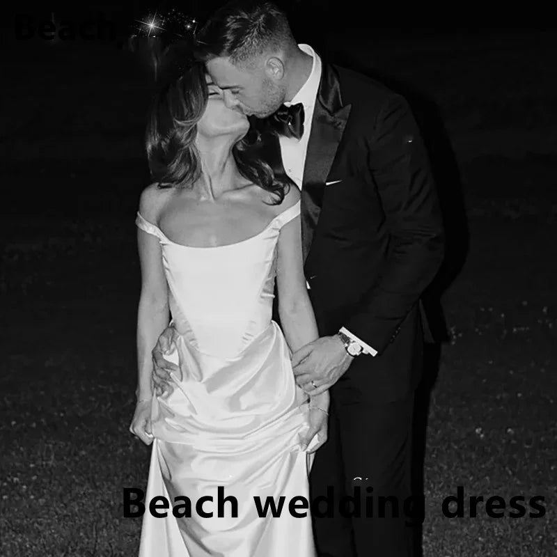 Vestido de novia de satén para playa, Sexy, con hombros descubiertos, Formal, plisado, cuello cuadrado, Vintage, sin espalda, cremallera, largo hasta el suelo, para novia