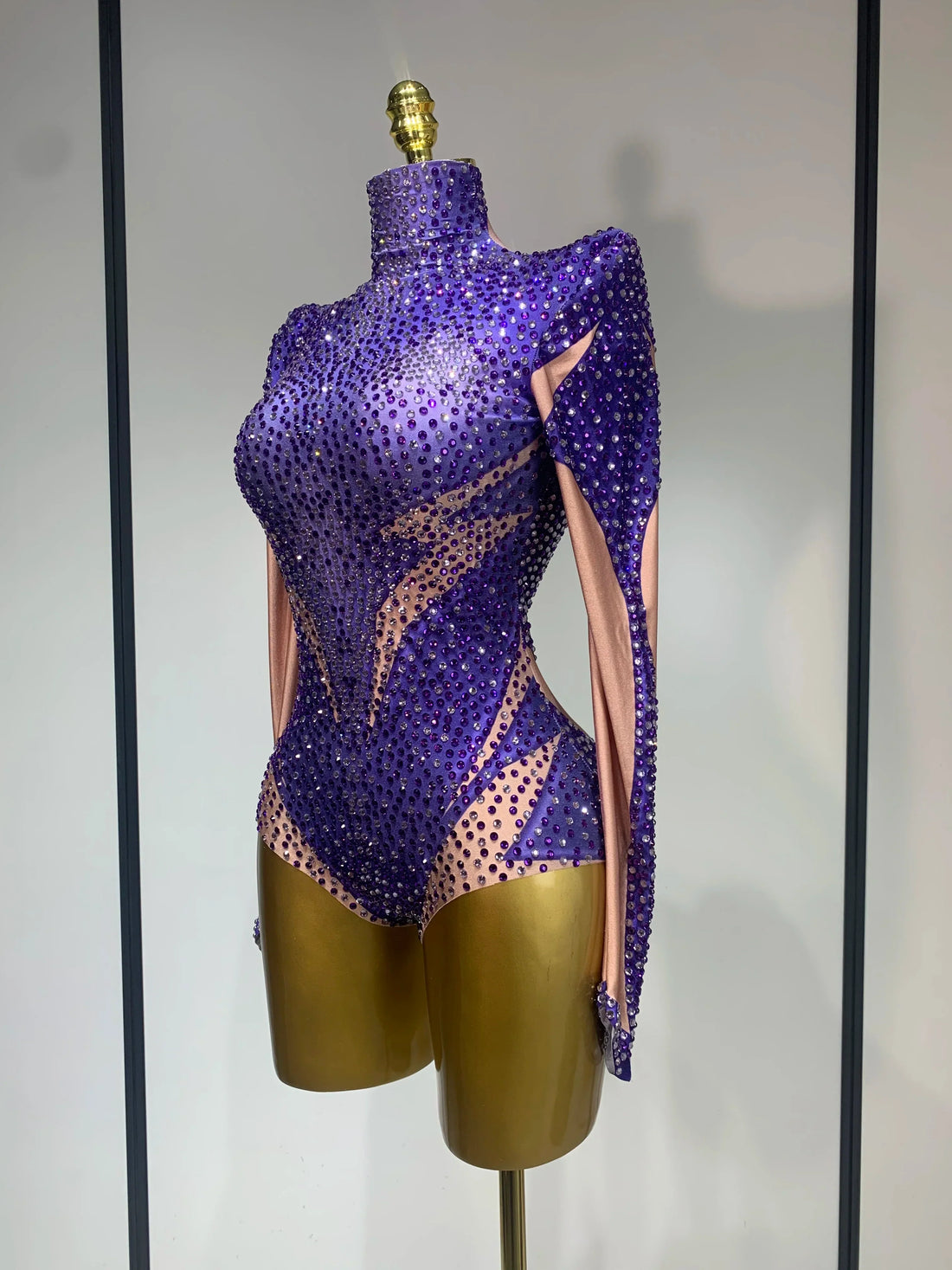 Luxury Rhinestone Elastic Long Sleeved Bodysuit Club Singer Dancer Stage Performa Costume Evening Party Outfit PURPLE