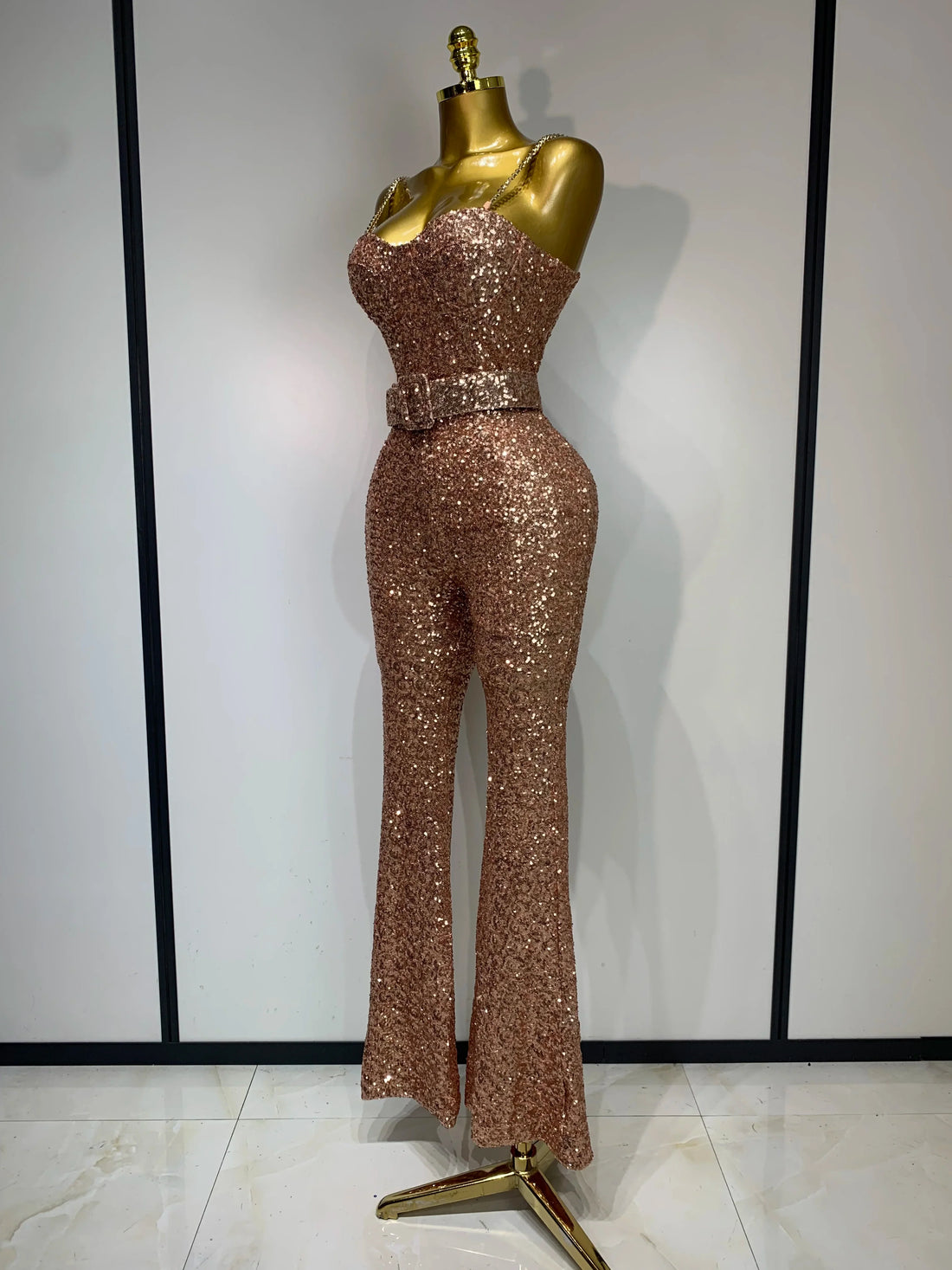 Women Sexy Backless Sleeveless Sequin Bodycon Jumpsuit Celebrity Elegant Evening Party Luxury Birthday Nightclub Outfit Rosal gold