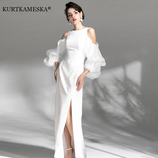 Pakaian Petang Putih Wanita Putih Mewah Mewah Pakaian Perkahwinan Lengan Bahu Elegant Sexy Slit Long Prom Party Vestido