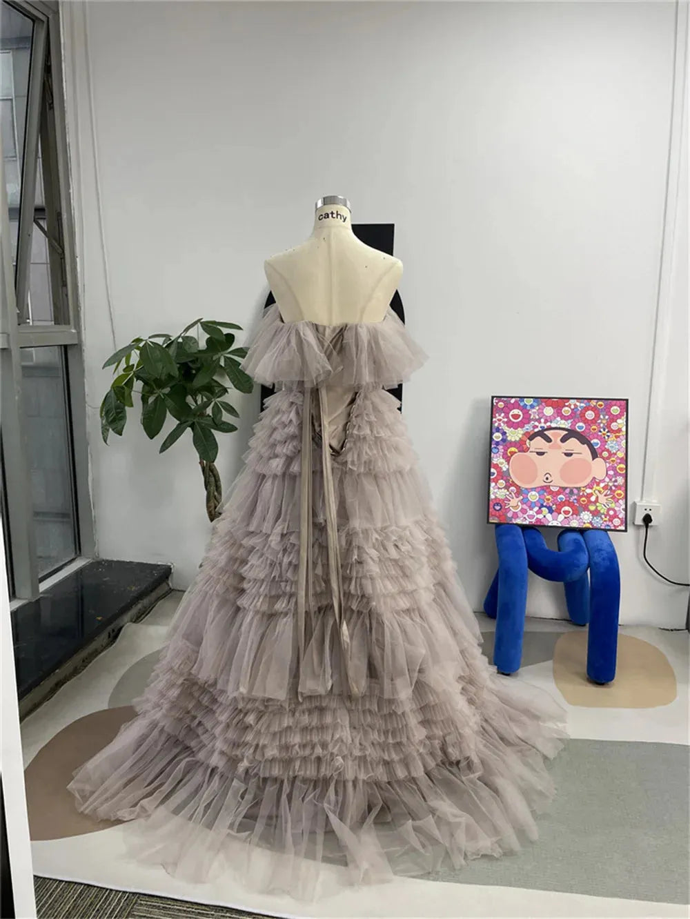 Off Shoulder Prom Dresses Sleeveless Tulle Evening Dress Lace-up Back Strapless Multilayer A-line Party vestidos de fiesta as pic