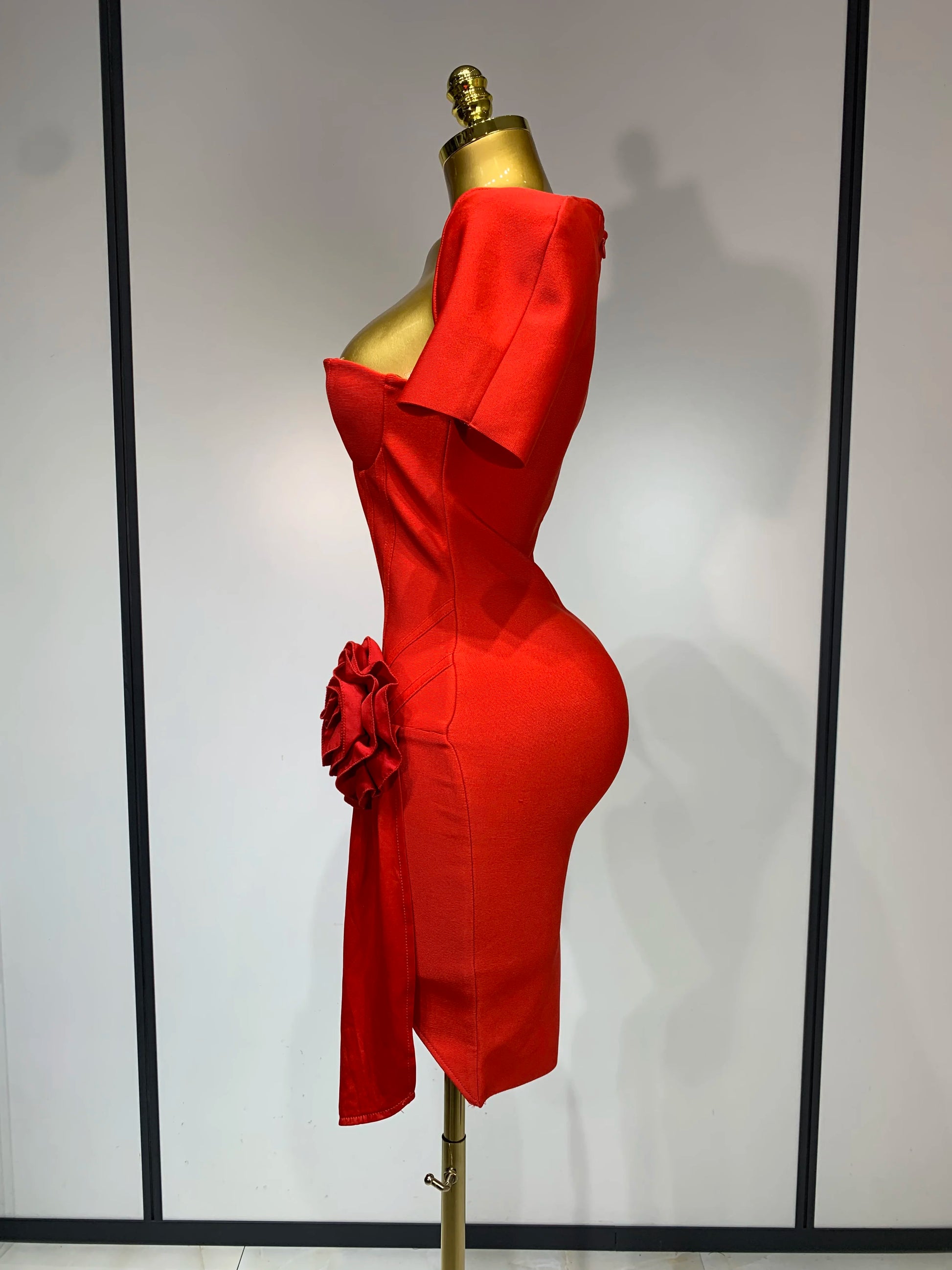 Women Sexy Short Sleeve Square Collar Bodycon Mini Bandage Dress Celebrity Red Carpet Dress Flower Luxury Birthday Outfit