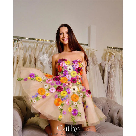 3D Flower Lace Embroidery Prom Dress Off Shoulder Lace-up Back vestidos par boda Sweetheart Short Skirt Wedding Dress