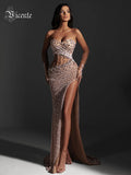 Beige Sequins Strapless Long Dress Backless See Through Mesh Crystal High Slit Celebrity Party Evening Gowns With Gloves S