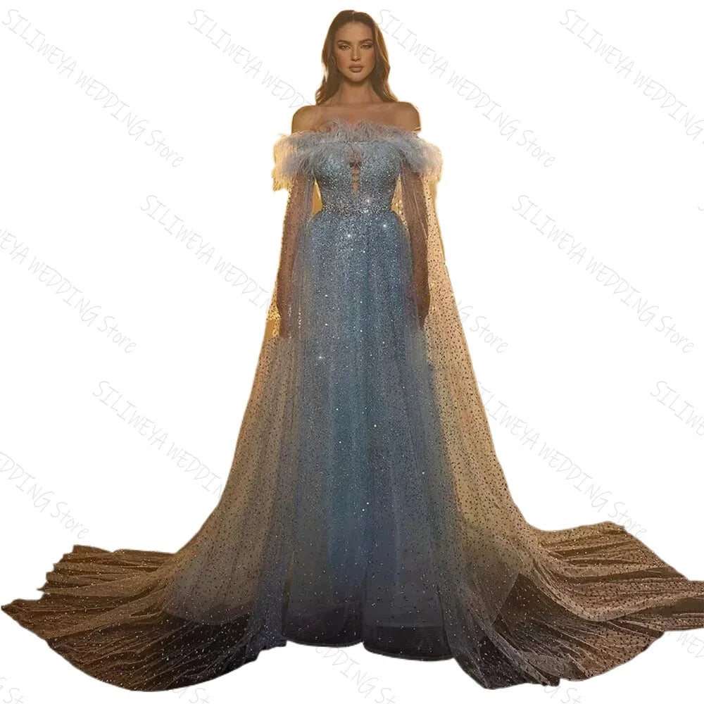 Gorgeous Blue Evening dress Off the Shoulder Sequined Feather A-line Floor-length Formal Party Prom Gown