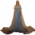 Gorgeous Blue Evening dress Off the Shoulder Sequined Feather A-line Floor-length Formal Party Prom Gown