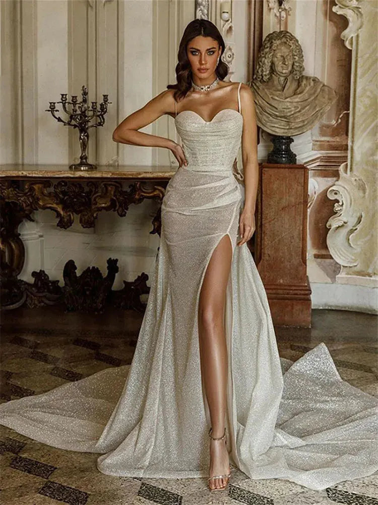 Sexy Spaghetti Straps Mermaid Wedding Dresses Shiny Glitter Tulle Sweetheart Bride Gown Side Split vestidos de novia Ivory 24w
