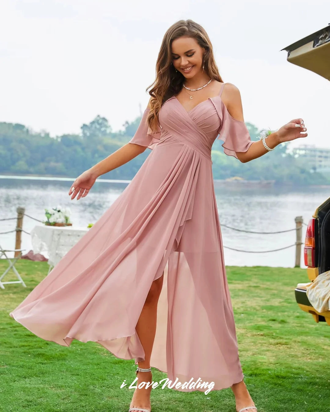 Pink Chiffon Bridesmaid Dresses Off the Shoulder Spaghetti-Strap A-Line Ruffles Side Split Wedding Party Dresses Customized