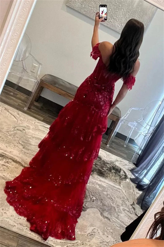 Red Shiny Sequins Prom Dress Sexy Side High Split فساتين السهرة Off Shoulder V-neck tidos de noche