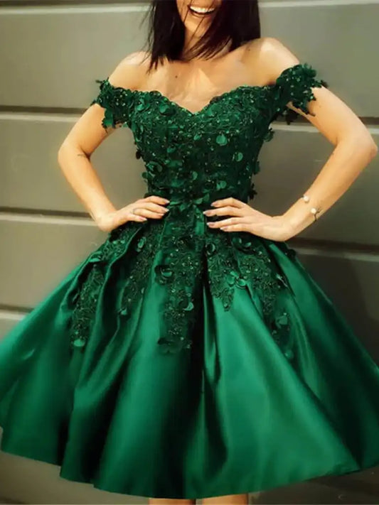 Green Prom Dress Lace Applique Floral Short Ball Gown Satin Off Shoulder Sweetheart Evening Party Gown Homecoming Dress