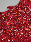 Red Diamonds Mermaid Dress Beaded Diagonal One-shoulder High Split Crystals Details Maxi Banquet Evening Party Gown
