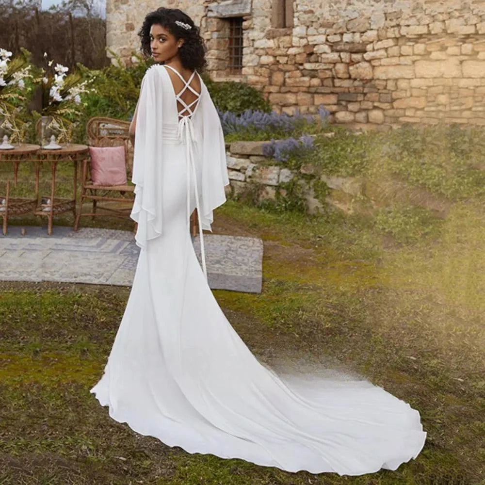 Simple Deep V-Neck Wedding Dress Chiffon Ruffles Sleeves Pleats Sexy Mermaid Bride Gown Chiffon A-Line Customize To Meausres 14w