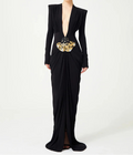 Black Deep V Plunge Long Dress Bead Sequins Butterfly Details Long Sleeves Slim High Slit Pleated Bodycon Party Evening Gowns