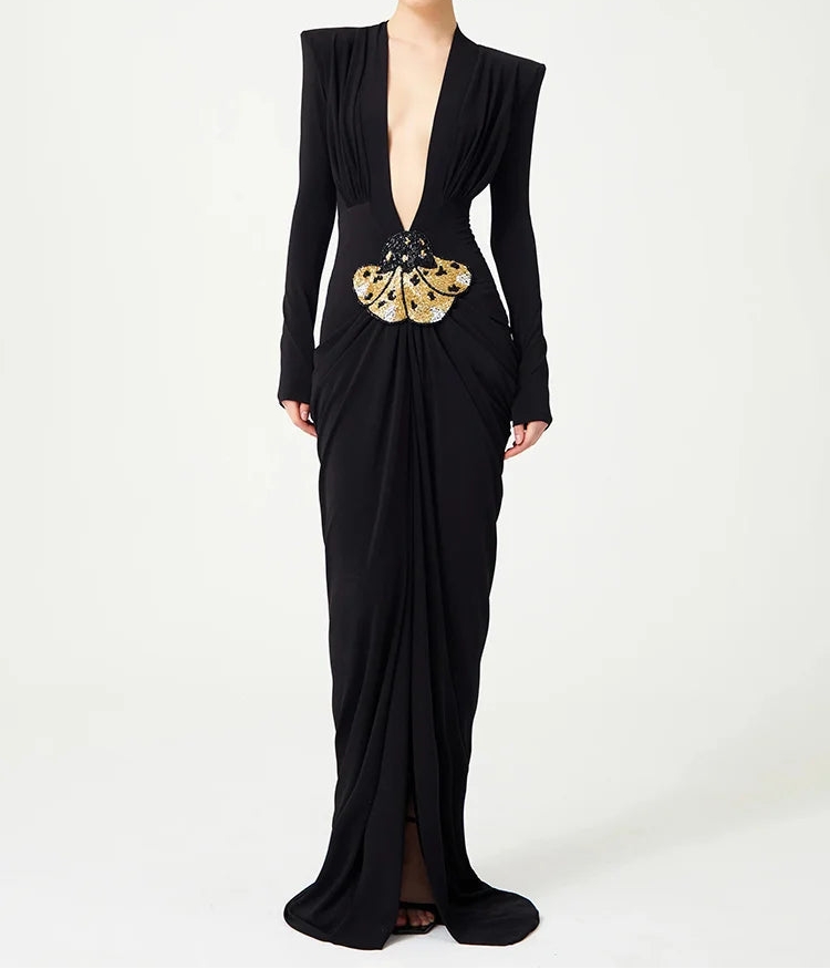 Black Deep V Plunge Long Dress Bead Sequins Butterfly Details Long Sleeves Slim High Slit Pleated Bodycon Party Evening Gowns