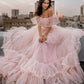 Princess Ball Gown Vestidos De Noche Sweet Off Shoulder Prom Dress Light Pink Tulle Sweep Train فساتين السهرة