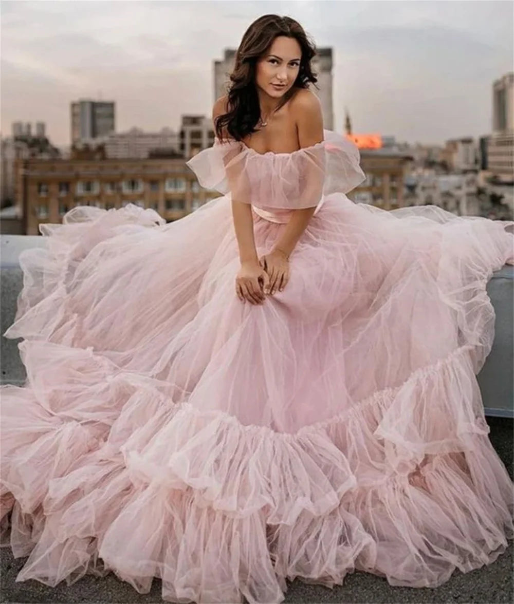 Princess Ball Gown Vestidos De Noche Sweet Off Shoulder Prom Dress Light Pink Tulle Sweep Train فساتين السهرة