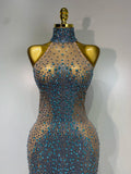 Sparkly Rhinestones Sleeveless Dress Sexy Mesh Transparent Celebrate Evening Wedding Prom Luxury Birthday Dresses Stage Outfit