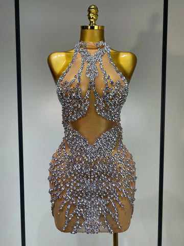 Luxury Rhinestones Mesh Transparent Prom Mini Dress Shinny Women Birthday Celebrate Party Prom Nightclub Outfit Stage Costume Silver