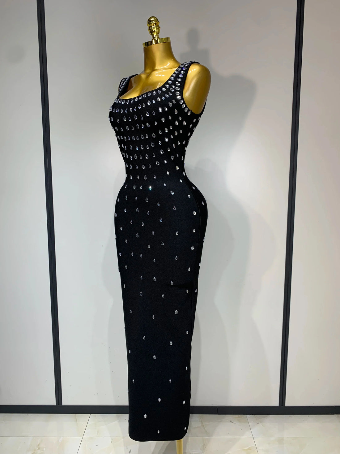Luxury Rhinestone Bandage Long Dress Elastic Sleeveless Bodycon High Street Evening Club Party Elegant Birthday Prom Gowns black