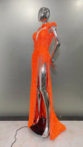 Orange Sequins Bead Tassel Hollow Out High Slit Floor Lenght Dress Woman Birthday Party Dress Stage Performance Cos