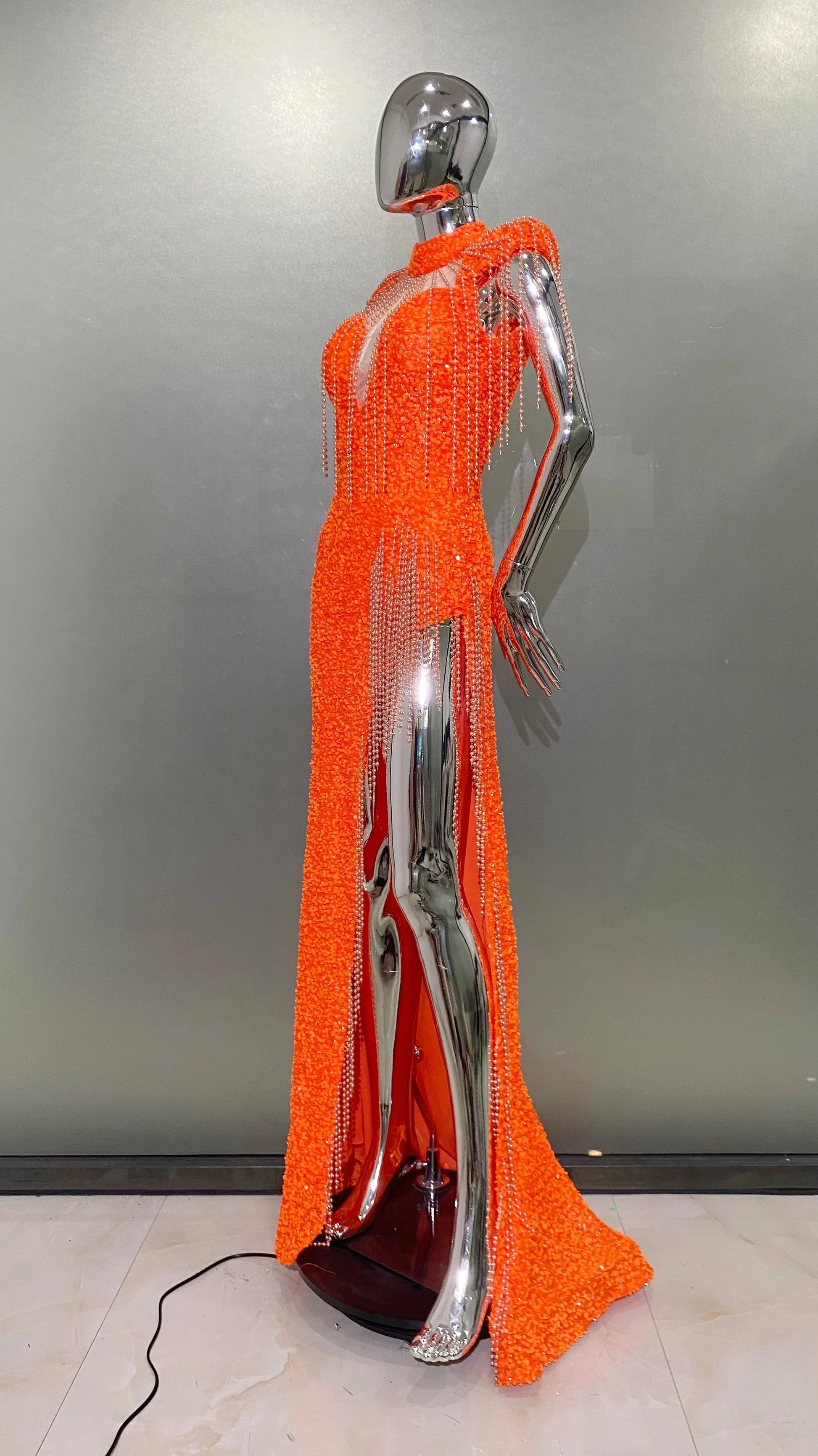 Orange Sequins Bead Tassel Hollow Out High Slit Floor Lenght Dress Woman Birthday Party Dress Stage Performance Cos