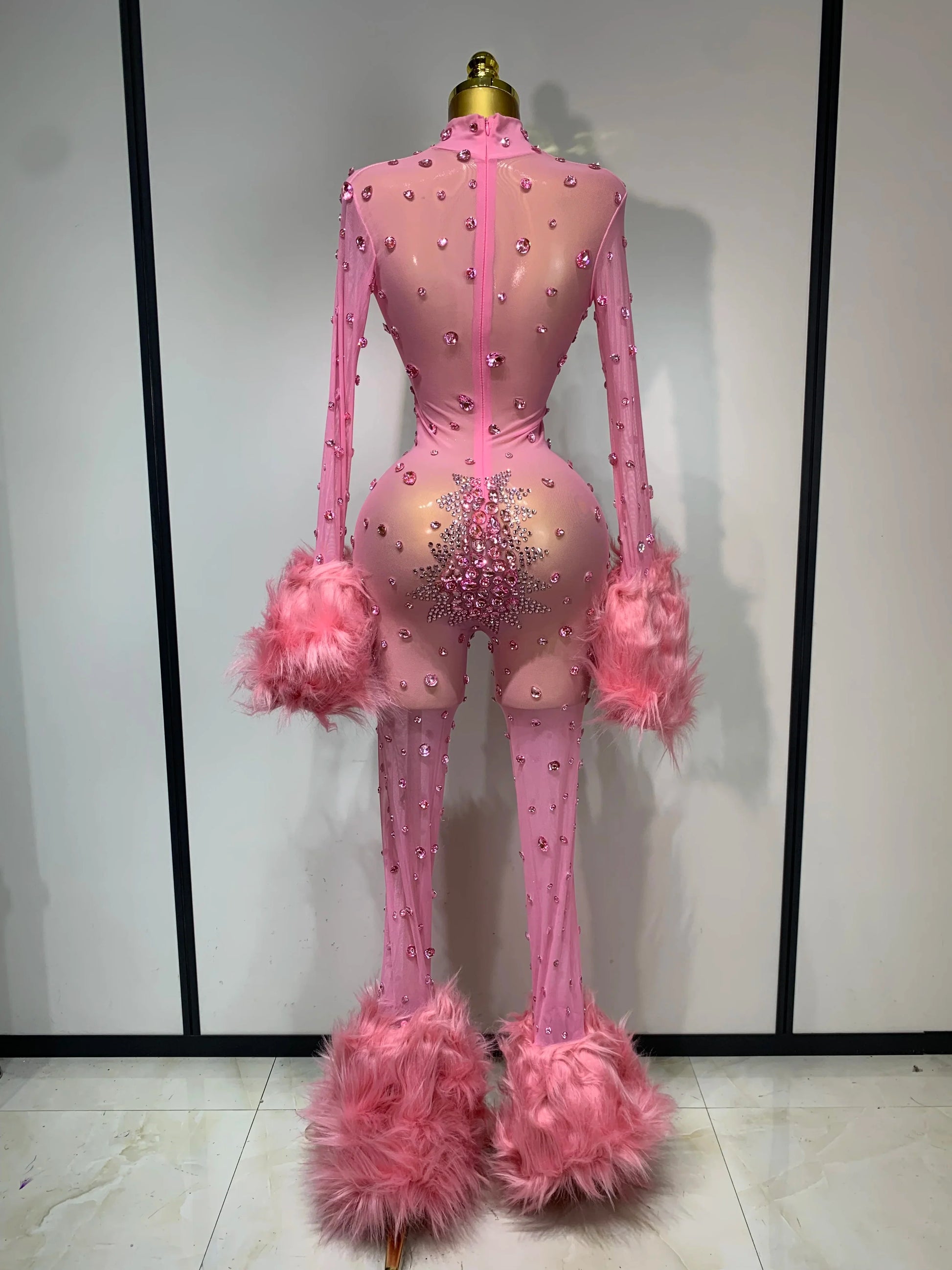 Shiny Diamond Mesh See Through Bodycon Jumpsuit Women Sexy Long Sleeve Performance Singer Costume Nightclub Stage Outfit