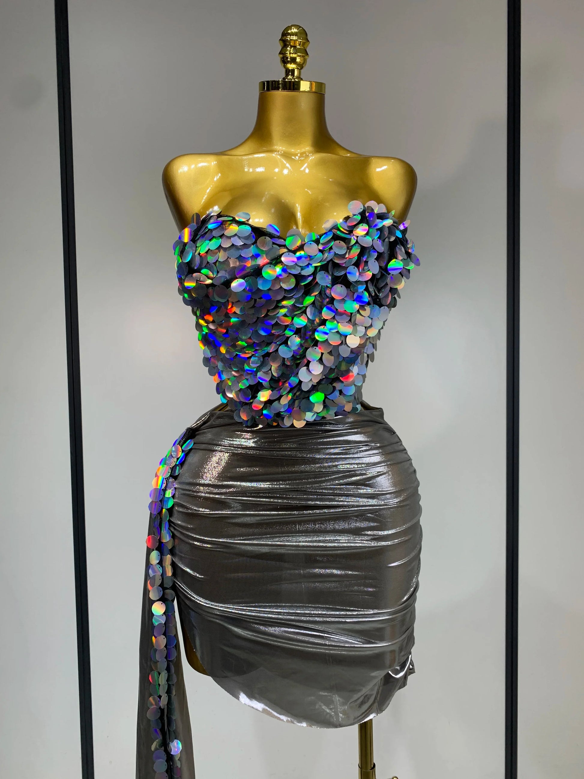 Sparkly Sequin Two Piece Set Sexy Strapless Backless Women Outfit Evening Party Nightclub Stage Performance Dance Costume Silver