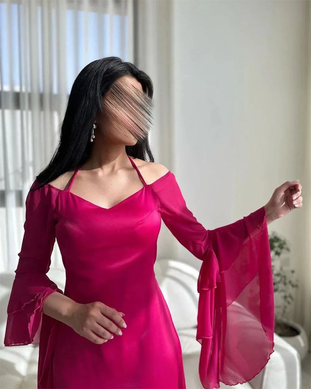 Fuchsia Trumpet Sleeve Vestidos De Noche Elegant V-neck Knee Lenght Prom Dress 30D Chiffion Mermaid فساتين السهرة