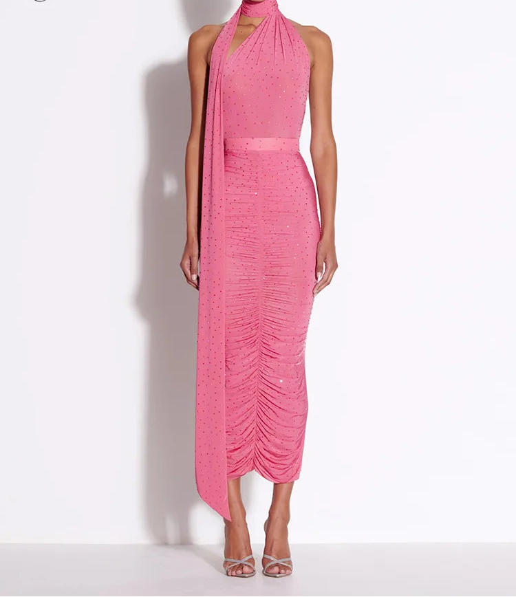 Elegant Sleeveless Halter Ribbon Ruched Details Backless Body Suit With Beaded Maxi Long Skirt Two Pieces Set Casual Wearing