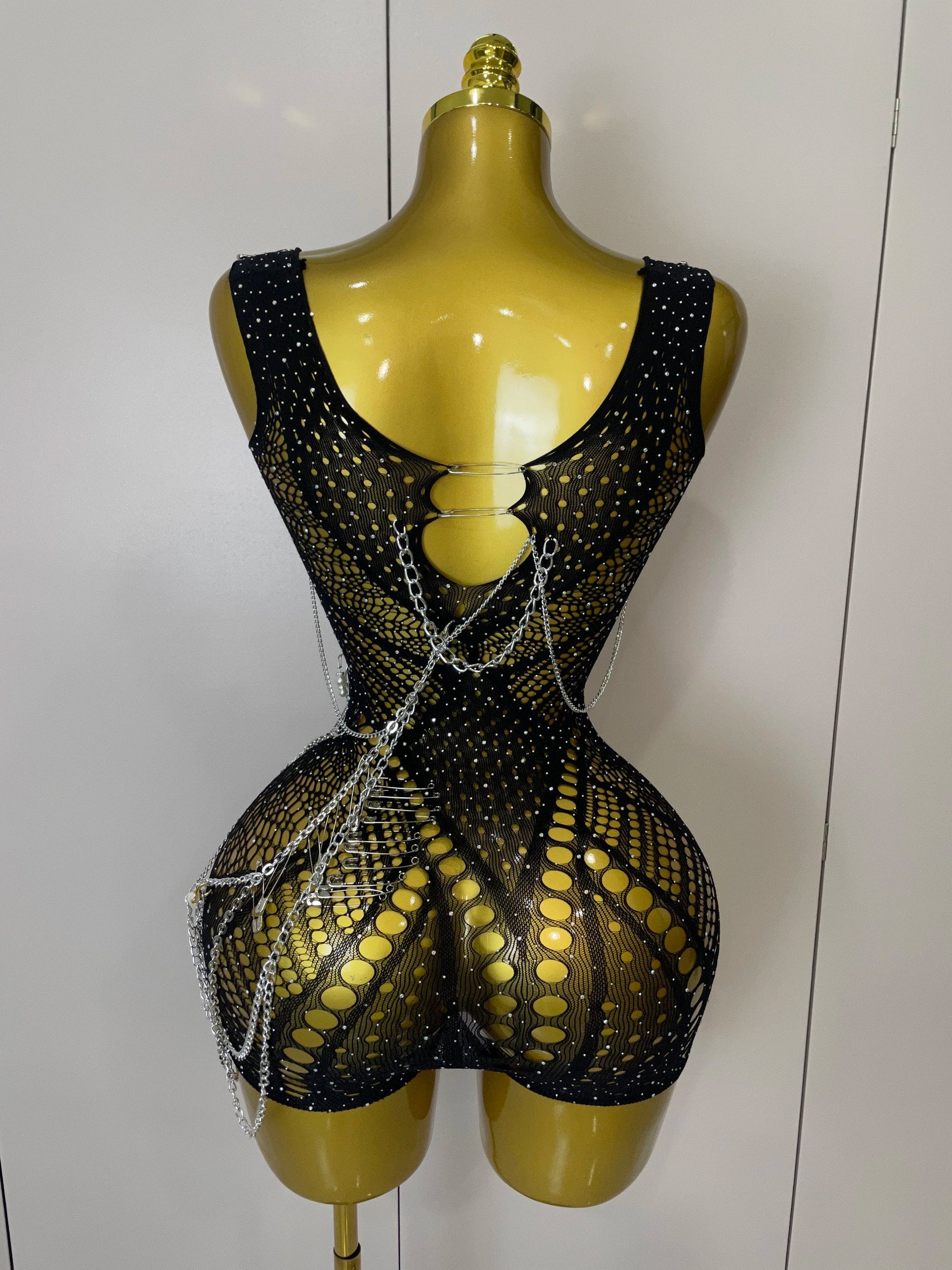Women Sexy See-Through Bodysuit Black Pin Sheath Mini Dress Evening Birthday Party Nightclub Singer Dancer Performance Costume
