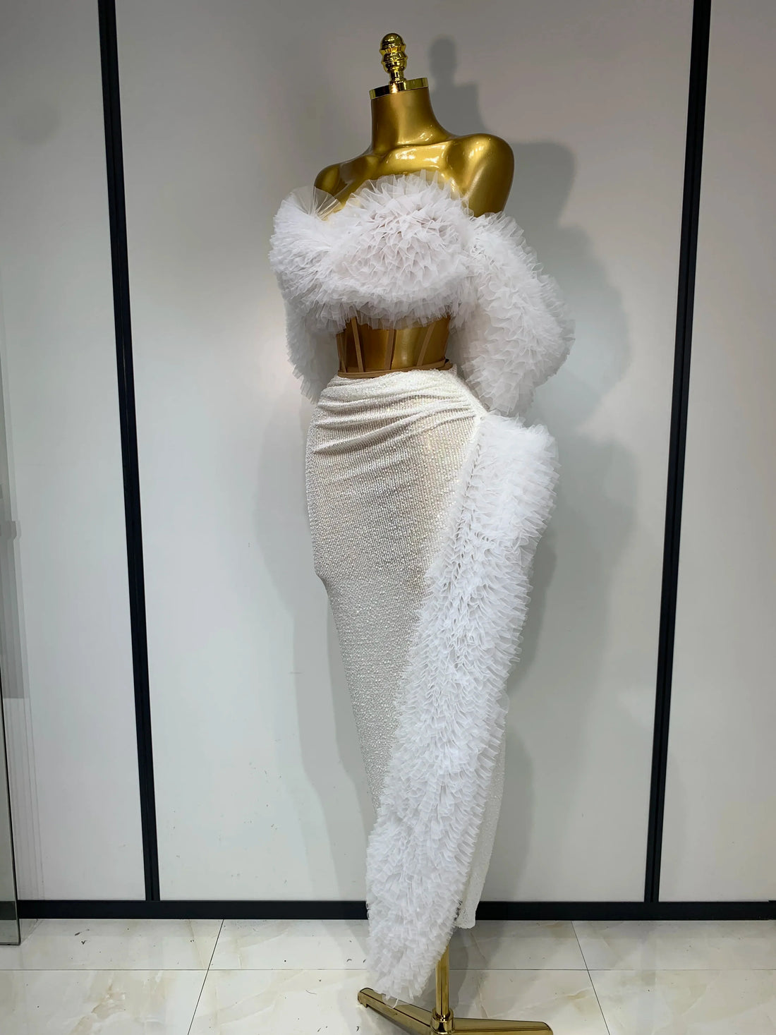 Women Elegant Sparkly Sequins Top Long Skirt Two Pieces Set Evening Party Luxury Birthday Nightclub Singer Dancer Stage Outfit WHITE