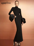 Elegant Women's Black Maxi Dress Stand up Neck Flare Sleeves Bodycon Bandage Long Dresses Cocktail Evening Party Vestidos