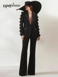 Women Suit Pants Set with Collar, Long Sleeve, Three Dimensional Flower Decoration, Slim Fit Suit Coat+Two Piece Pants Set