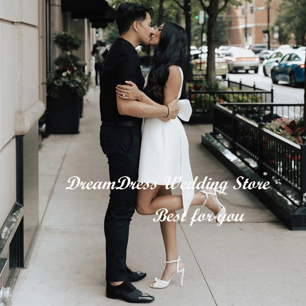 DREAM – Mini robe de mariée courte en Satin, Simple, sans manches, avec ceinture, ligne A, dos nu, au-dessus du genou, sur mesure