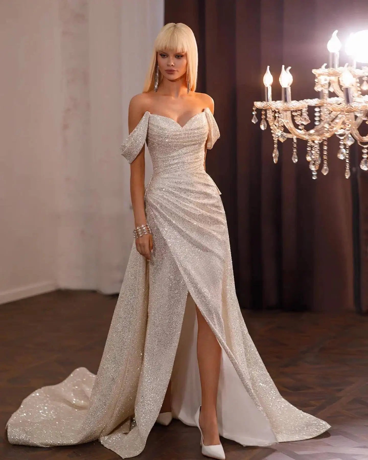14 Impresionante Vestido De fiesta De noche con lentejuelas 2024 Champange Silt Off The Shoulder Mermiad Prom vestidos formales mujeres Robe De Soiree