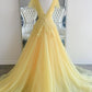 Yellow Prom Dresses Lace Applique Sleeveless Tulle V Neck Pleats Sleeveless A Line Evening Gowns Formal Party Special