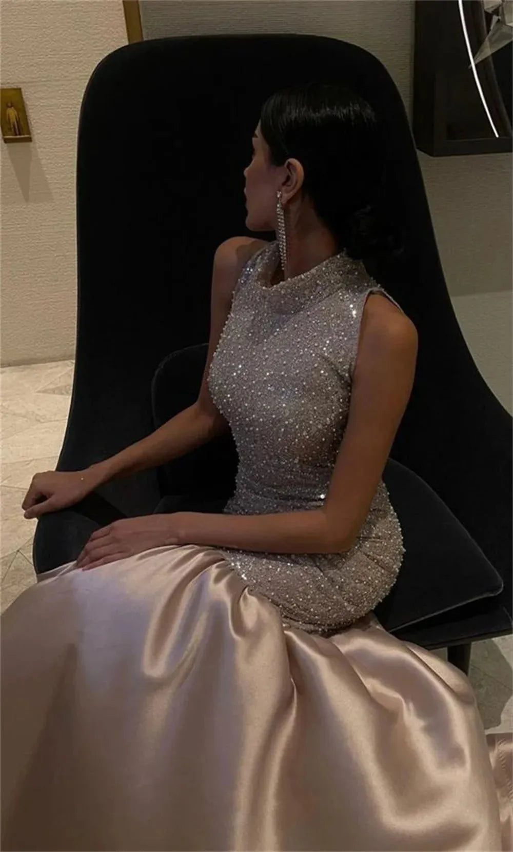 Exquisite High Neck Vestidos De Noche Sexy Sequins Tops Mermaid Prom Dress Sleeveless Fishtail فساتين السهرة