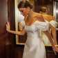 שמלות מסיבות חתונה קצרות של כתם פשוט מהכתף שמלות כלות א-קו לנשים שמלות נשף תחרה שמלת קוקטייל