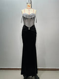 Luxury Diamonds Sexy Mesh See Through Black Velvet Strapless Floor Length Dress Celebrity Party Dress Birthday Vestido